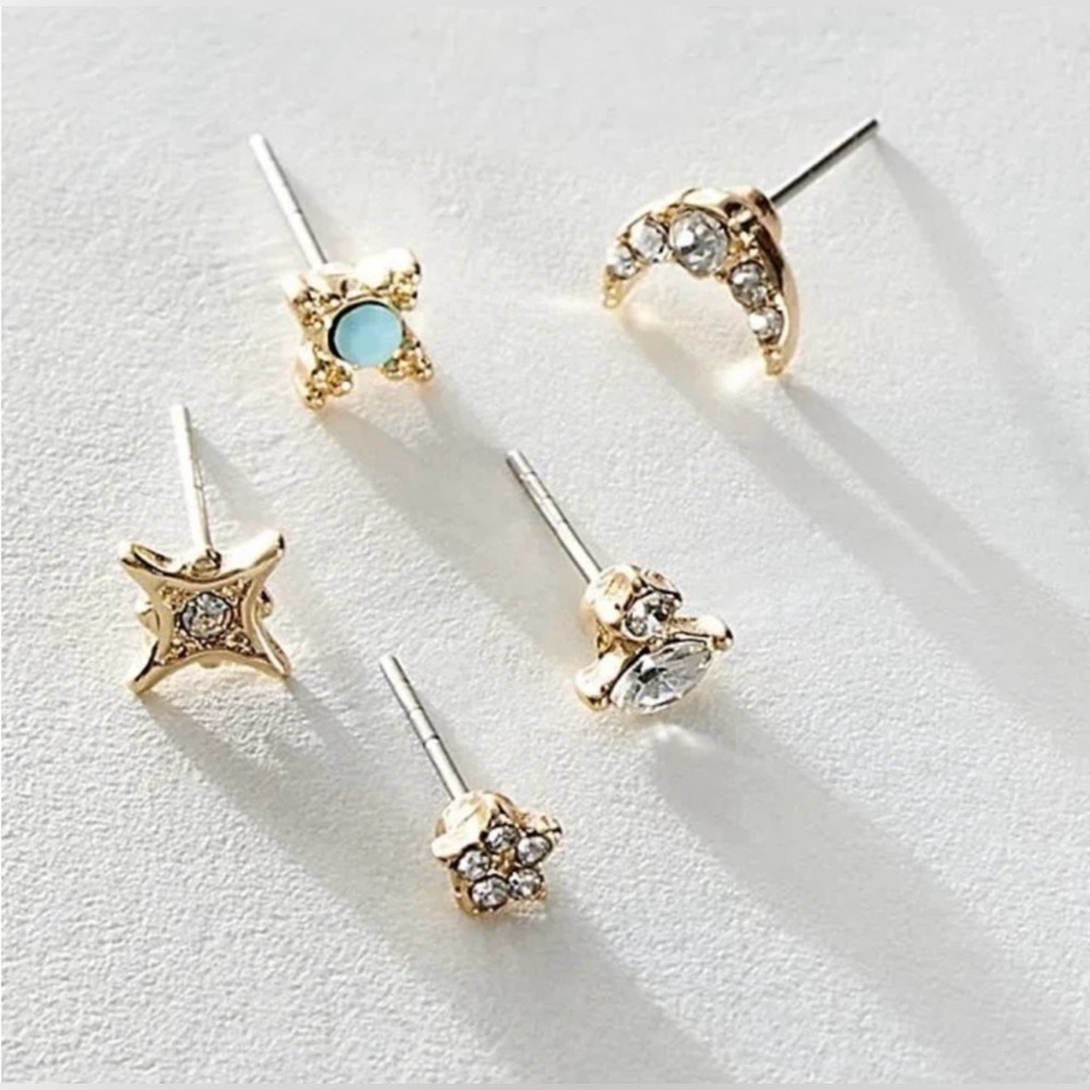 Free People Rosette Velvet Pin Brooch W/ 5 Pairs Of Gold Tone Earrings, NWT Blue - Picture 2 of 4